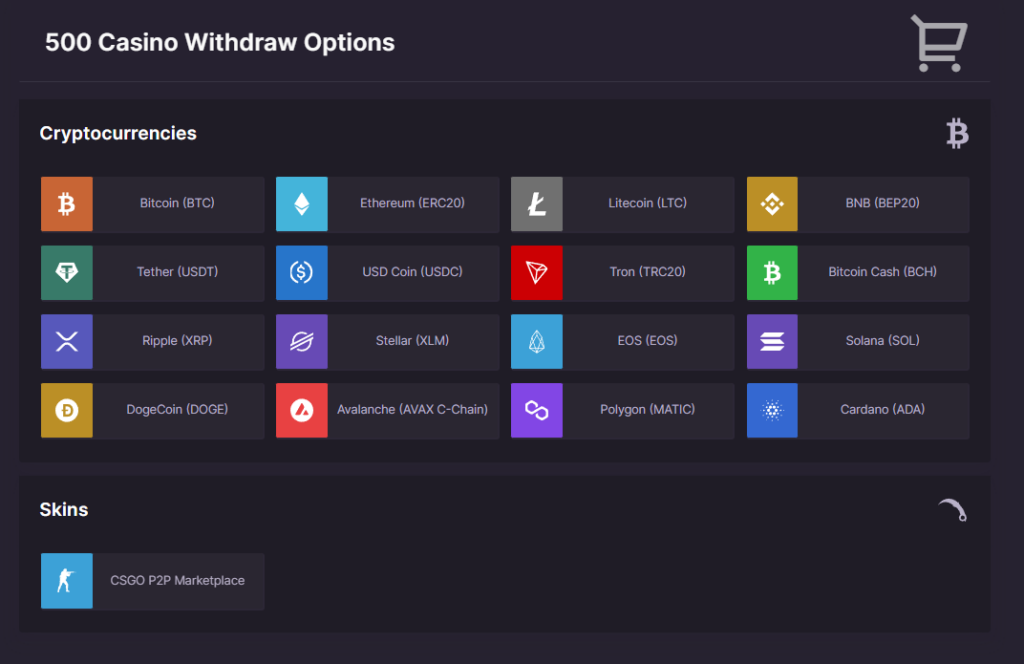 500 Casino Withdraw methods