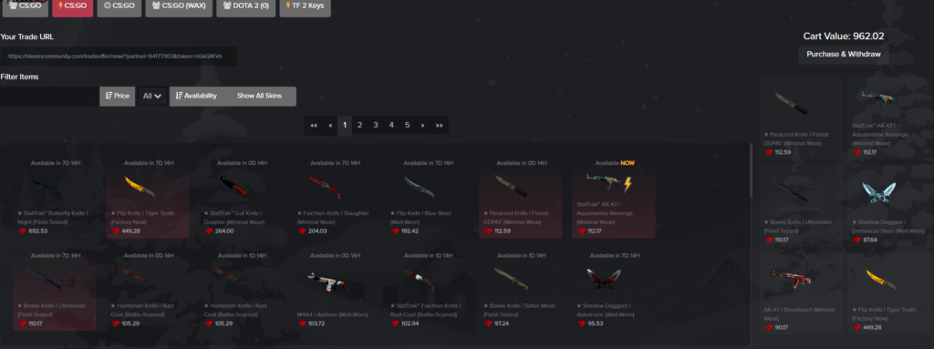 Withdrawing skins from WTFSkins is straightforward. Users can choose from a wide variety of skins in the marketplace and simply use their account balance to complete the transaction.