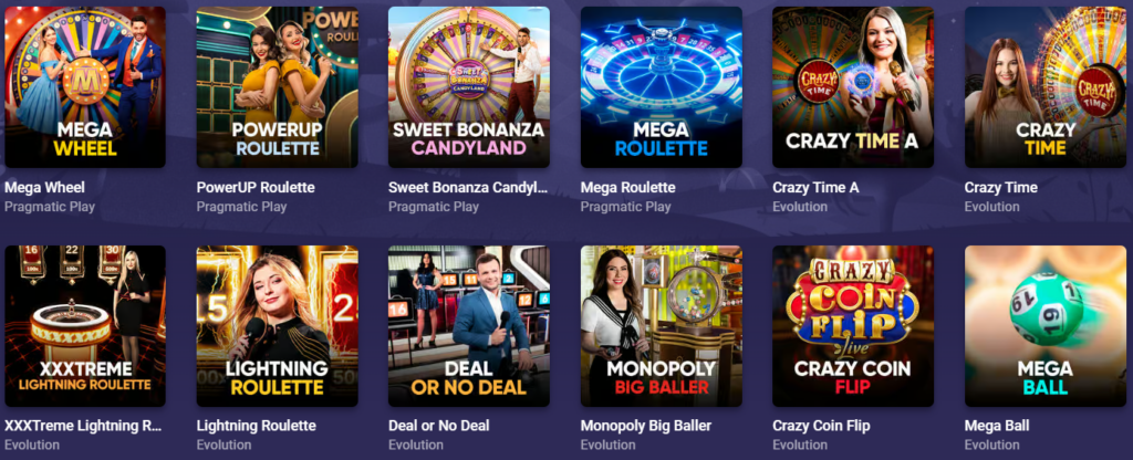 Roobet features popular game shows like Crazy Time, Mega Ball, and Monopoly Live.