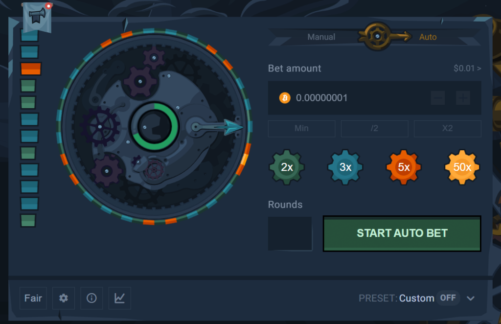 Cogwheel is a unique game offered by TowerBet, in which players bet on specific colors of the wheel that are tied to certain multipliers. The wheel features 54 colored slots, each with a corresponding multiplier